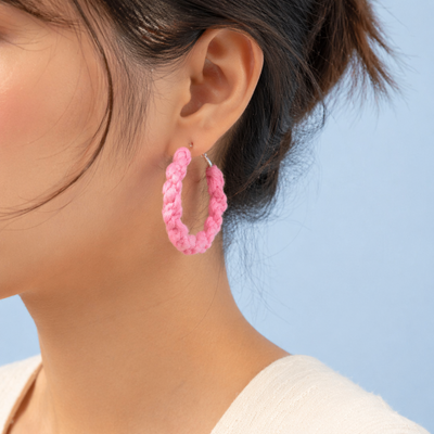 Pink braided fabric hoop earrings